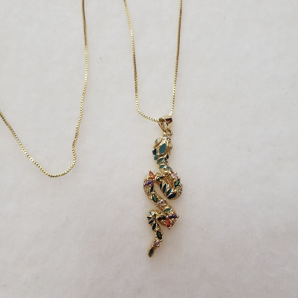 Enamel Snake with Rhinestones Gold tone Necklace - Picture 10 of 15